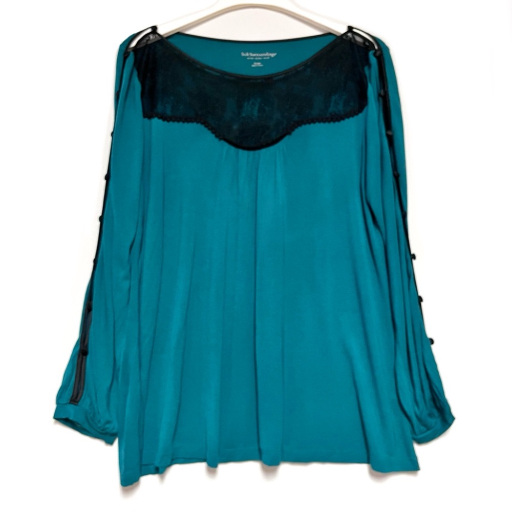 Soft Surroundings Teal Blouse with Black Yoke - Picture 2 of 13